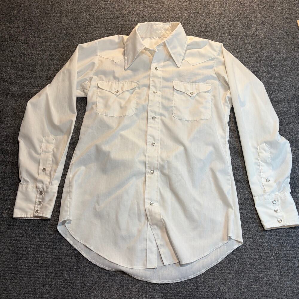 White Western Casual Long Sleeve Pearl Snap Shirt Top Size Mens Medium M